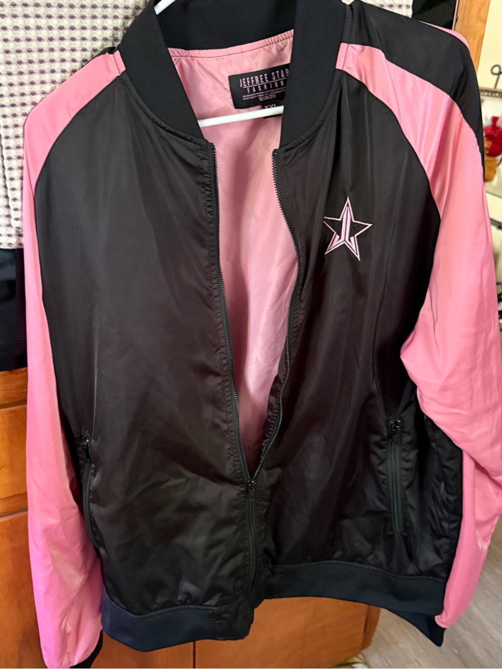 Jeffree Star Black and Pink Satin Bomber Jacket